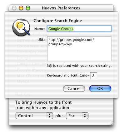 Huevos search engine configuration screen shot