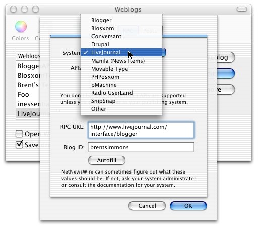 screen shot of the Weblog system popup menu in NetNewsWire