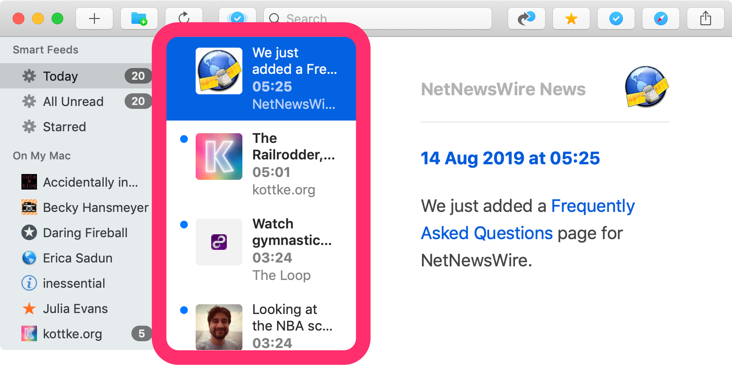 A screenshot of the NetNewsWire window calling out the timeline in the middle of the window.