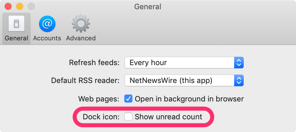 A screenshot of NetNewsWire’s General preferences, highlighting the checkbox for “Show unread count”.