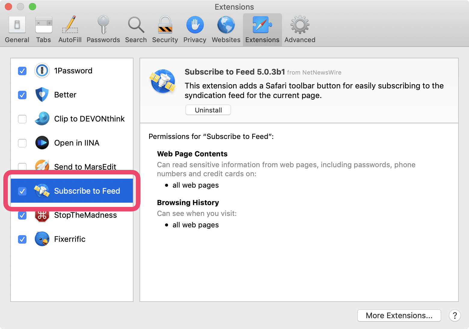 A screenshot of Safari’s Extensions preferences, with the “Subscribe to Feed” extension circled.